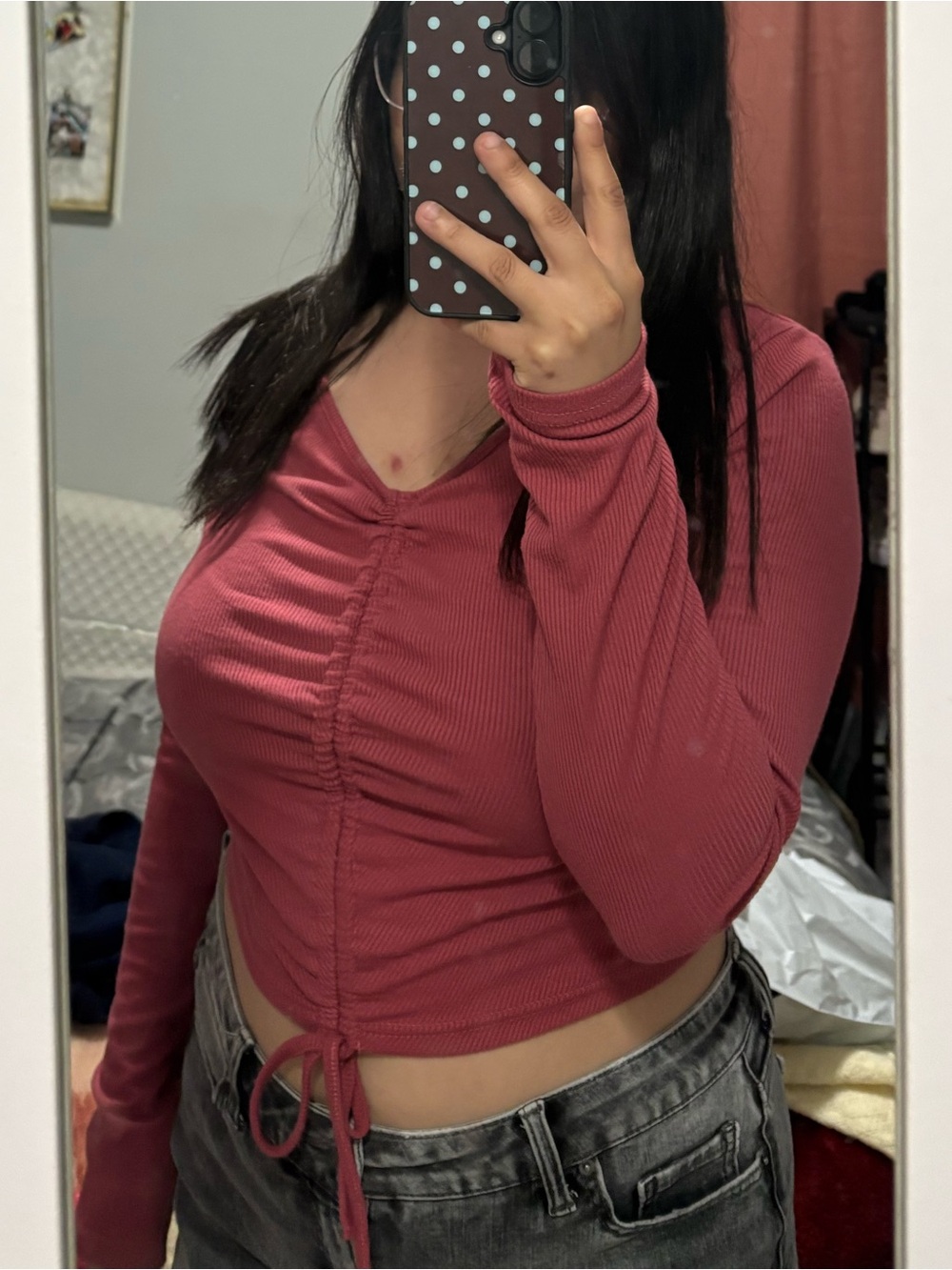 SHEIN Mauve Pink Ruched V-Neck Long Sleeve Crop Top